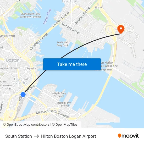 South Station to Hilton Boston Logan Airport map