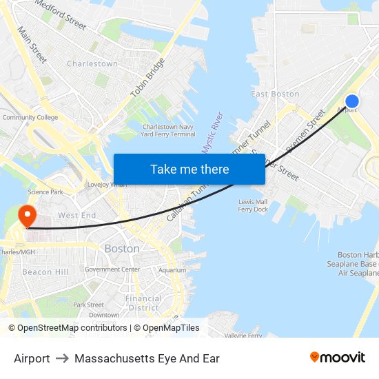 Airport to Massachusetts Eye And Ear map