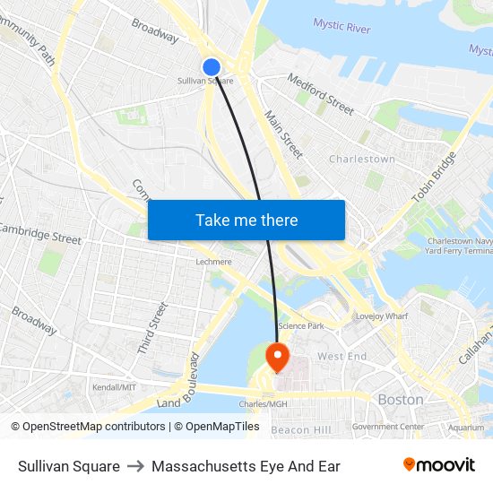 Sullivan Square to Massachusetts Eye And Ear map