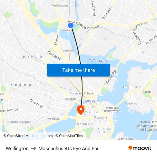Wellington to Massachusetts Eye And Ear map