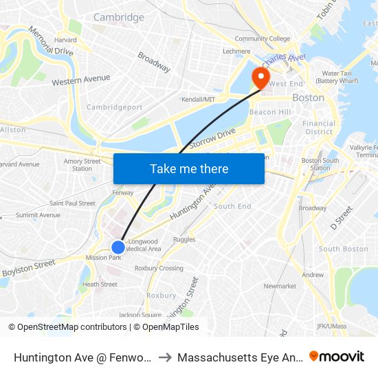 Huntington Ave @ Fenwood Rd to Massachusetts Eye And Ear map