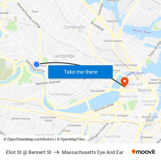 Eliot St @ Bennett St to Massachusetts Eye And Ear map