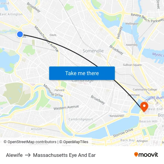 Alewife to Massachusetts Eye And Ear map