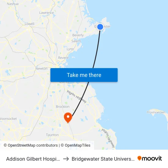 Addison Gilbert Hospital to Bridgewater State University map