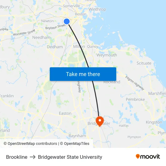 Brookline to Bridgewater State University map
