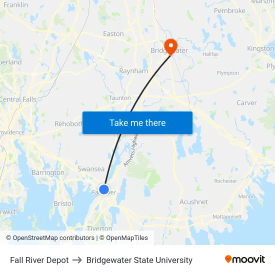 Fall River Depot to Bridgewater State University map