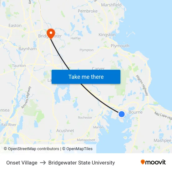 Onset Village to Bridgewater State University map