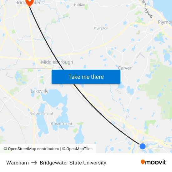 Wareham to Bridgewater State University map