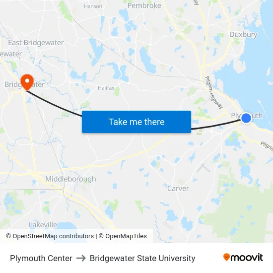 Plymouth Center to Bridgewater State University map
