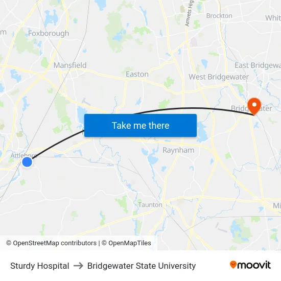 Sturdy Hospital to Bridgewater State University map