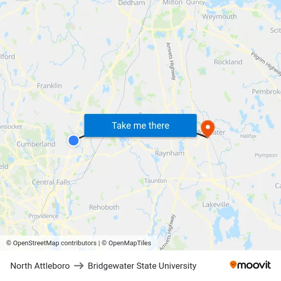 North Attleboro to Bridgewater State University map