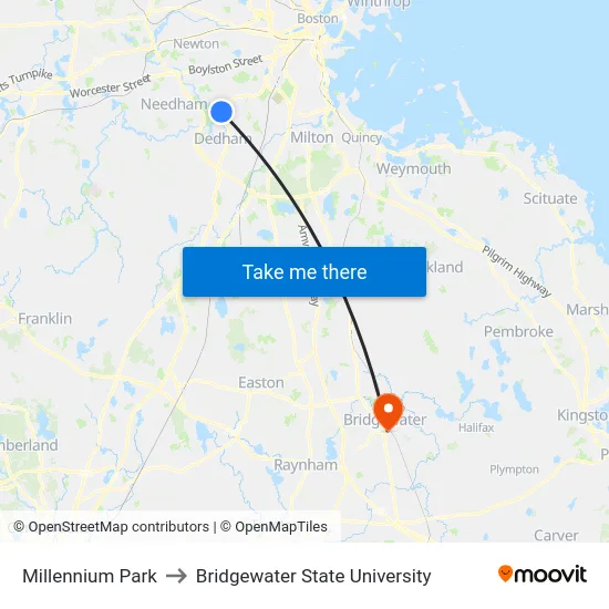 Millennium Park to Bridgewater State University map