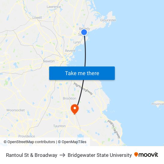 Rantoul St & Broadway to Bridgewater State University map