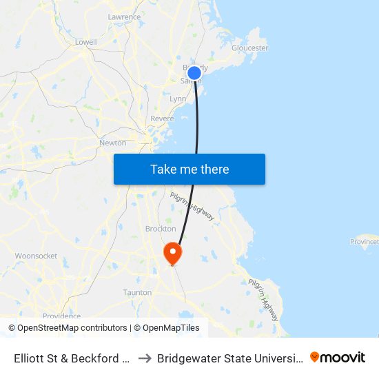 Elliott St & Beckford St to Bridgewater State University map