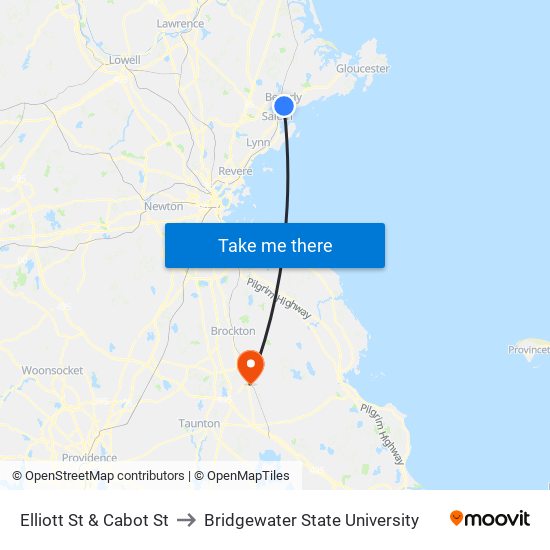 Elliott St & Cabot St to Bridgewater State University map