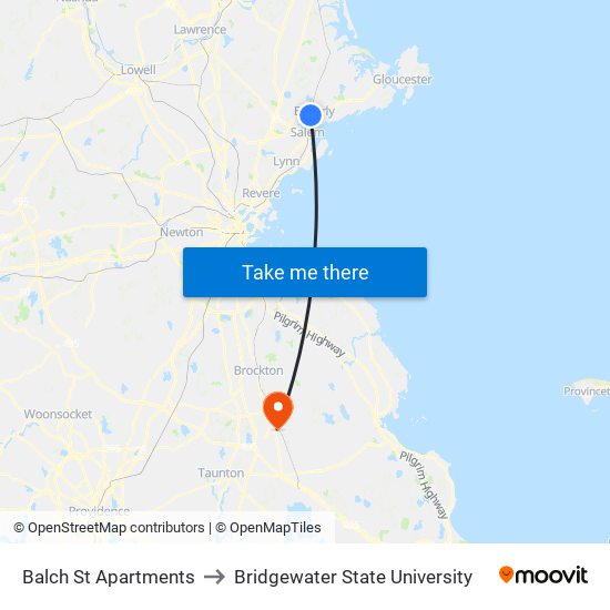 Balch St Apartments to Bridgewater State University map