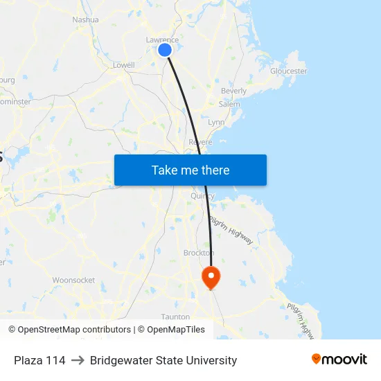 Plaza 114 to Bridgewater State University map