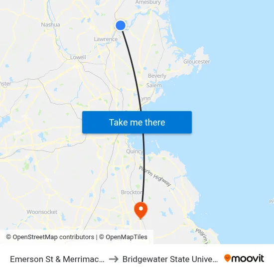 Emerson St & Merrimack St to Bridgewater State University map