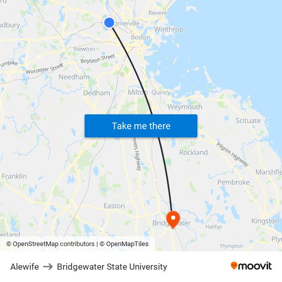 Alewife to Bridgewater State University map