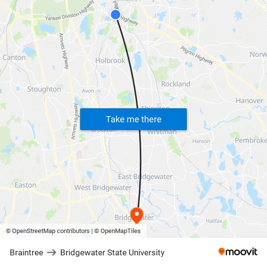 Braintree to Bridgewater State University map