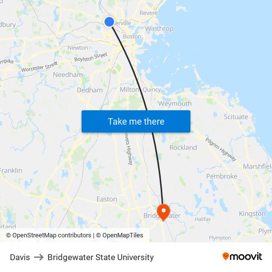 Davis to Bridgewater State University map