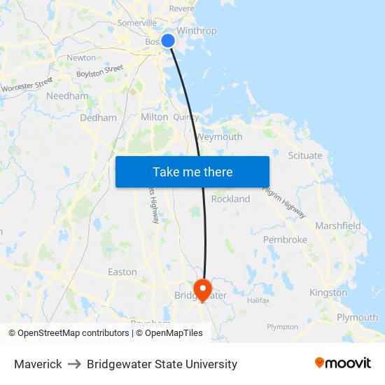 Maverick to Bridgewater State University map