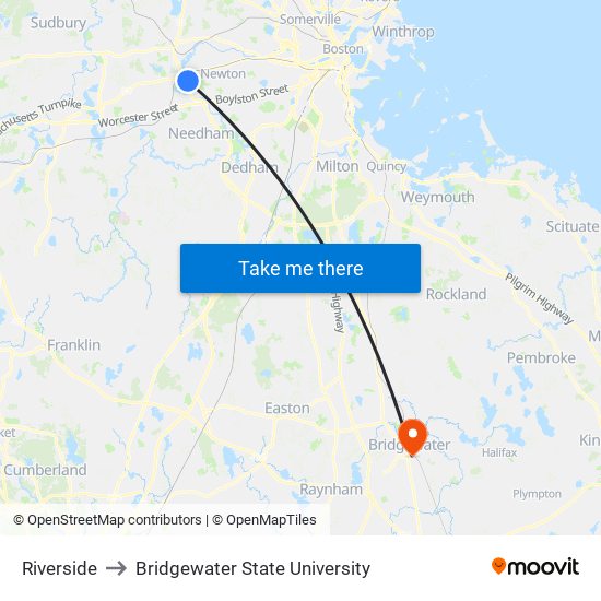 Riverside to Bridgewater State University map