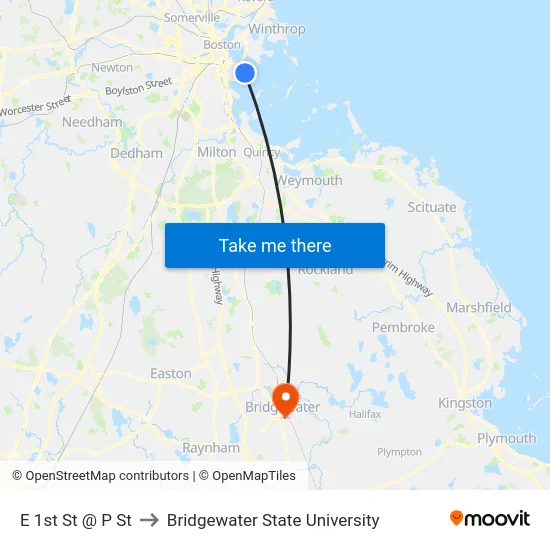 E 1st St @ P St to Bridgewater State University map