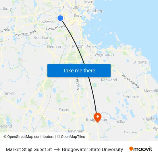 Market St @ Guest St to Bridgewater State University map