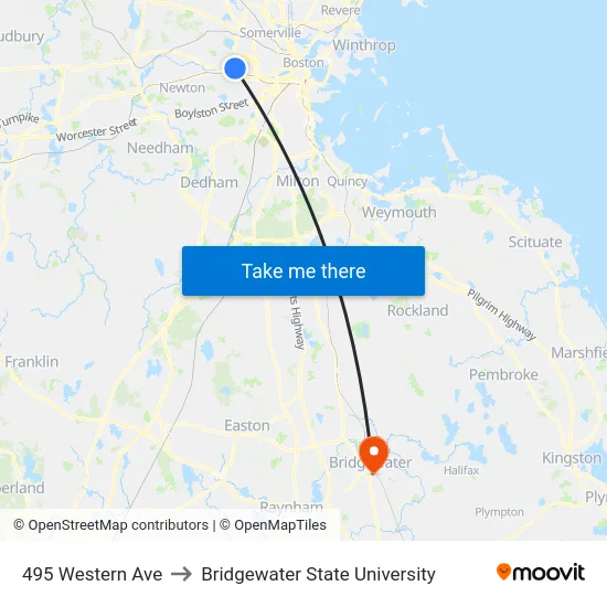 495 Western Ave to Bridgewater State University map