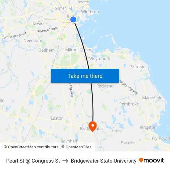 Pearl St @ Congress St to Bridgewater State University map