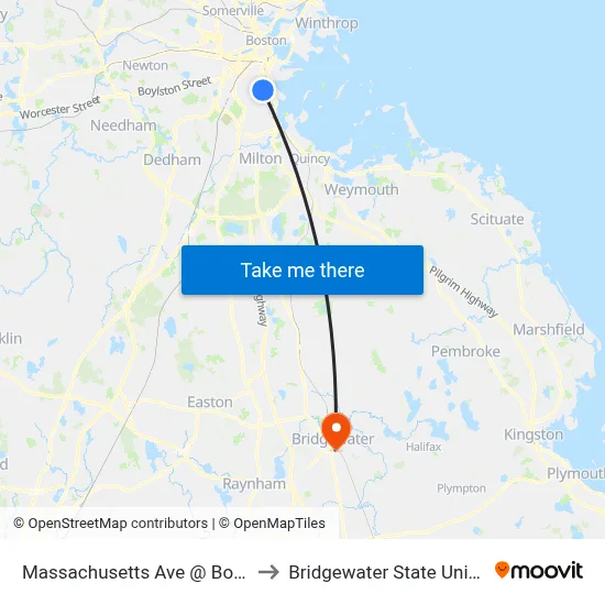 Massachusetts Ave @ Boston St to Bridgewater State University map