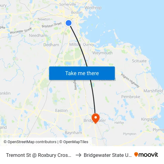 Tremont St @ Roxbury Crossing Station to Bridgewater State University map