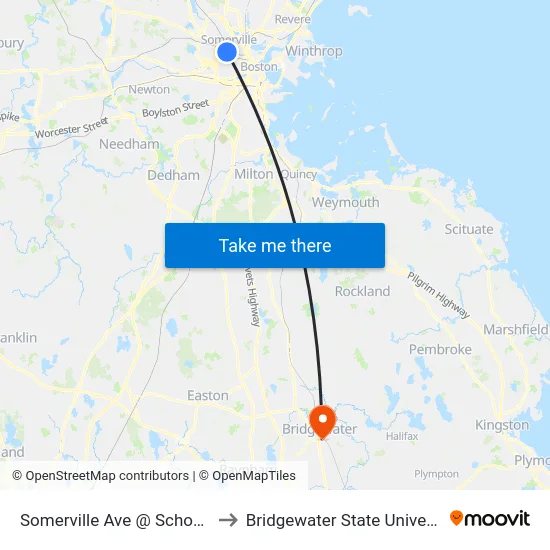 Somerville Ave @ School St to Bridgewater State University map
