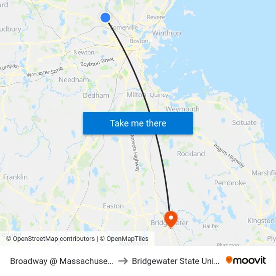 Broadway @ Massachusetts Ave to Bridgewater State University map