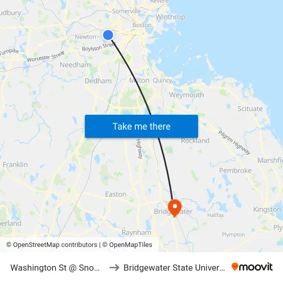 Washington St @ Snow St to Bridgewater State University map
