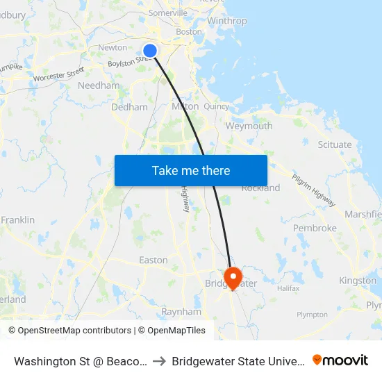 Washington St @ Beacon St to Bridgewater State University map