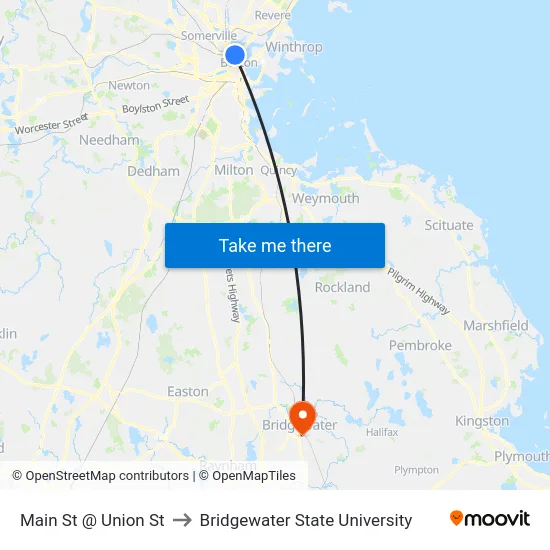Main St @ Union St to Bridgewater State University map