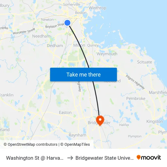 Washington St @ Harvard St to Bridgewater State University map