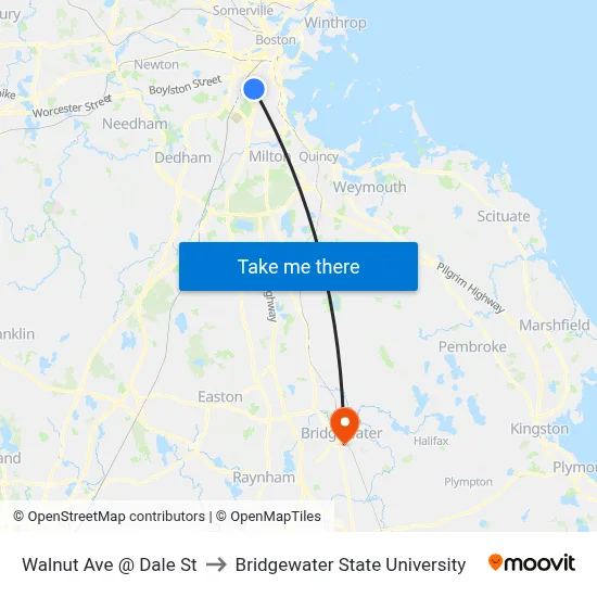 Walnut Ave @ Dale St to Bridgewater State University map