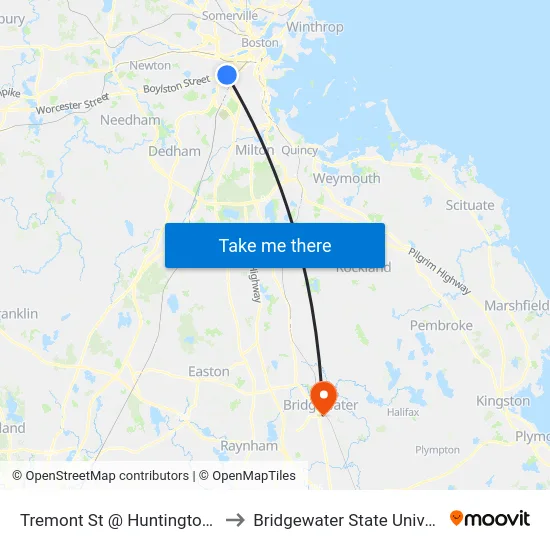Tremont St @ Huntington Ave to Bridgewater State University map