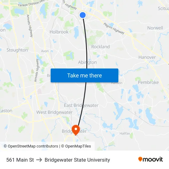 561 Main St to Bridgewater State University map