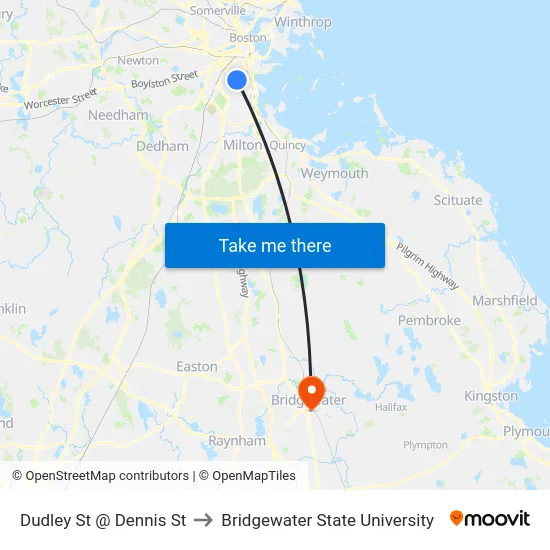 Dudley St @ Dennis St to Bridgewater State University map