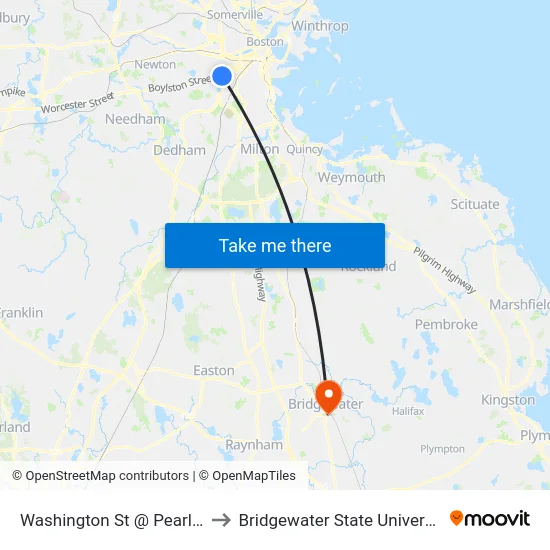 Washington St @ Pearl St to Bridgewater State University map