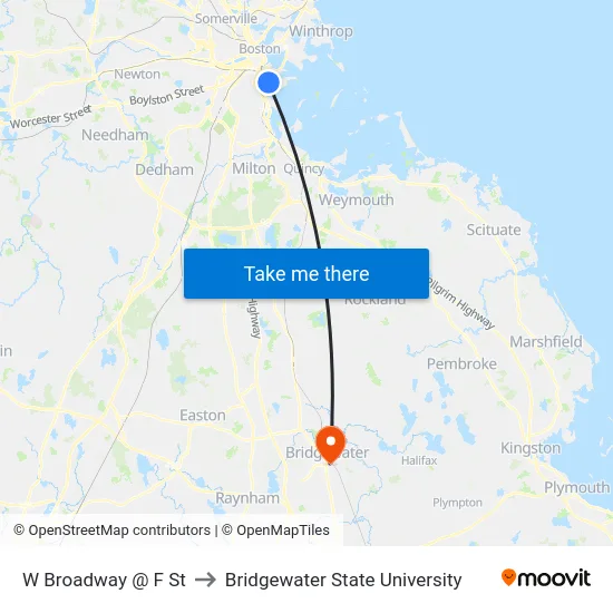 W Broadway @ F St to Bridgewater State University map