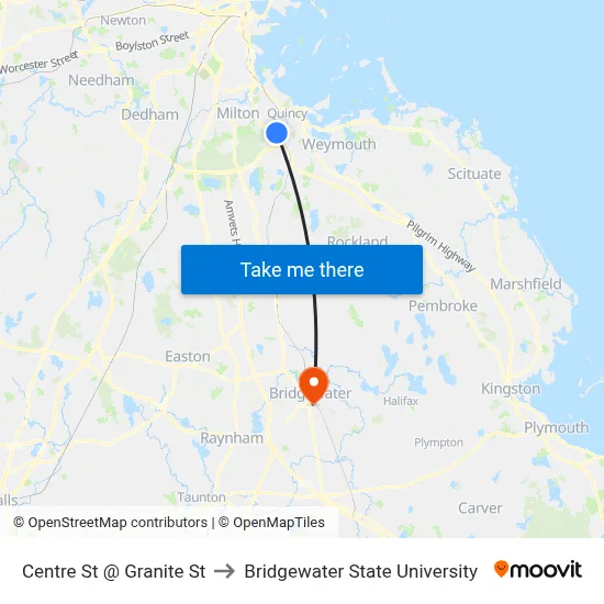 Centre St @ Granite St to Bridgewater State University map