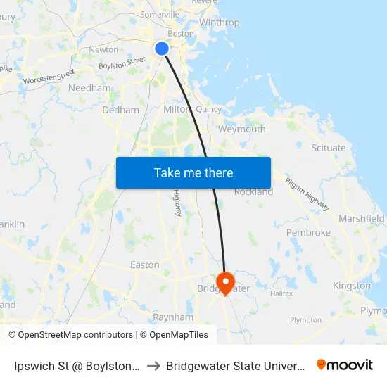 Ipswich St @ Boylston St to Bridgewater State University map