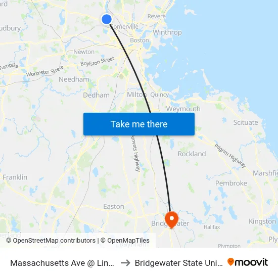 Massachusetts Ave @ Linwood St to Bridgewater State University map