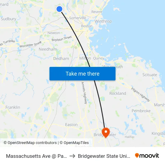 Massachusetts Ave @ Park Ave to Bridgewater State University map