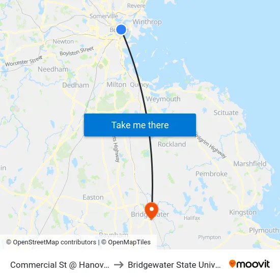 Commercial St @ Hanover St to Bridgewater State University map